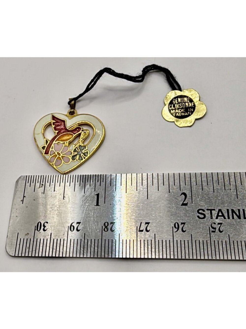 Vintage Cloisonne Heart Enamel Red Bird Pendant Necklace
